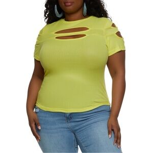 Plus Size, Vibrant Yellow Ruched Short Sleeve Tee with Cut-Outs, Size 2X